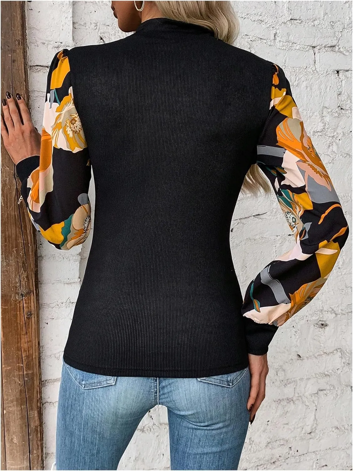 SOLY HUX Women's Striped Bishop Long Sleeve Mock Neck T Shirt Rib Knit Tee Top