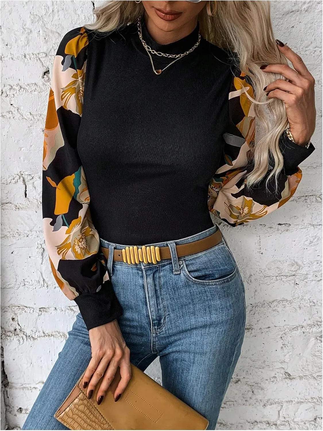 SOLY HUX Women's Striped Bishop Long Sleeve Mock Neck T Shirt Rib Knit Tee Top