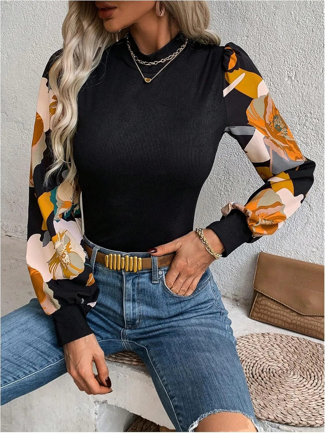 SOLY HUX Women's Striped Bishop Long Sleeve Mock Neck T Shirt Rib Knit Tee Top