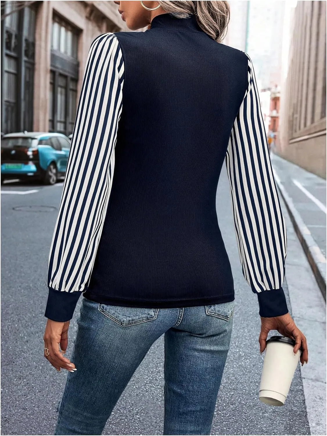 SOLY HUX Women's Striped Bishop Long Sleeve Mock Neck T Shirt Rib Knit Tee Top