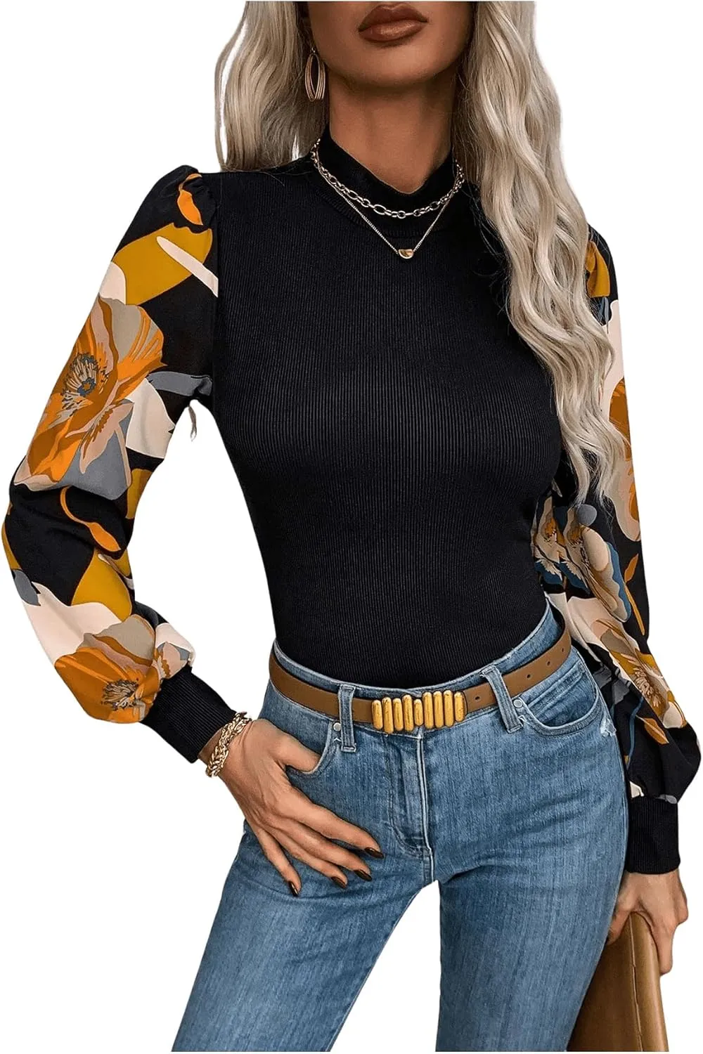 SOLY HUX Women's Striped Bishop Long Sleeve Mock Neck T Shirt Rib Knit Tee Top