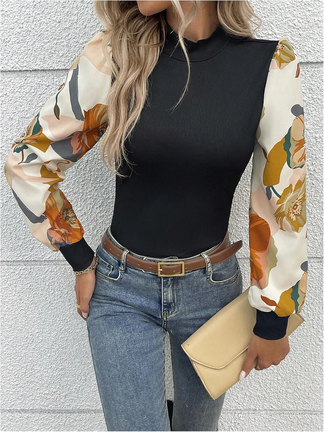 SOLY HUX Women's Striped Bishop Long Sleeve Mock Neck T Shirt Rib Knit Tee Top