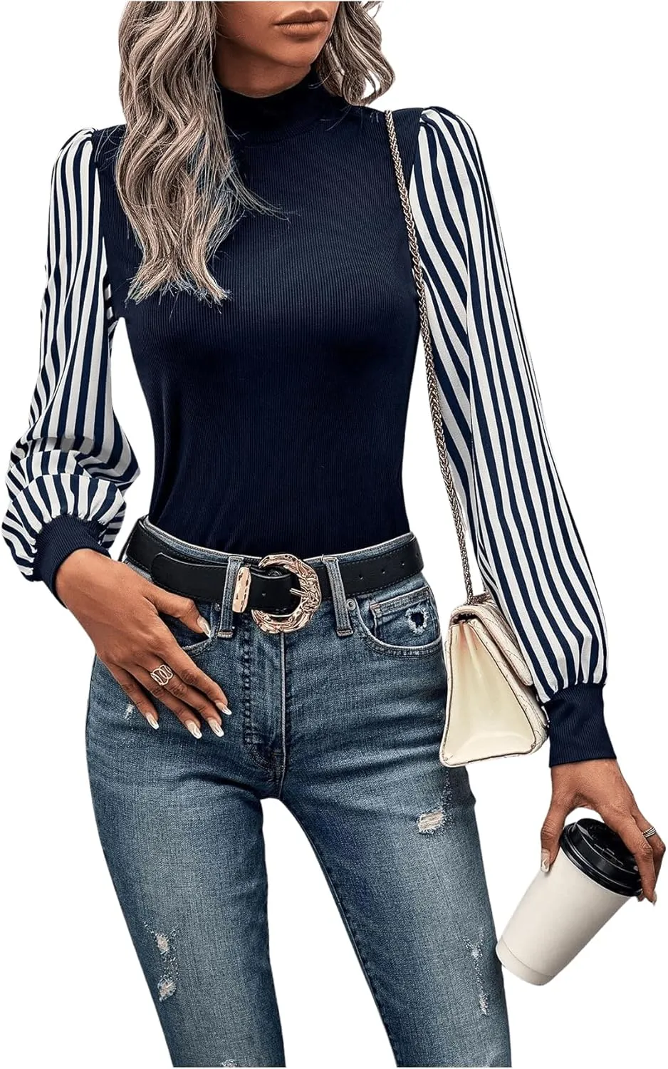 SOLY HUX Women's Striped Bishop Long Sleeve Mock Neck T Shirt Rib Knit Tee Top