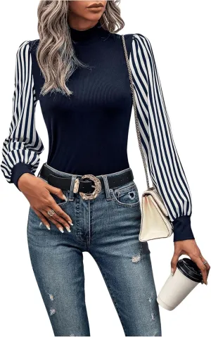 SOLY HUX Women's Striped Bishop Long Sleeve Mock Neck T Shirt Rib Knit Tee Top