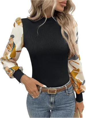 SOLY HUX Women's Striped Bishop Long Sleeve Mock Neck T Shirt Rib Knit Tee Top