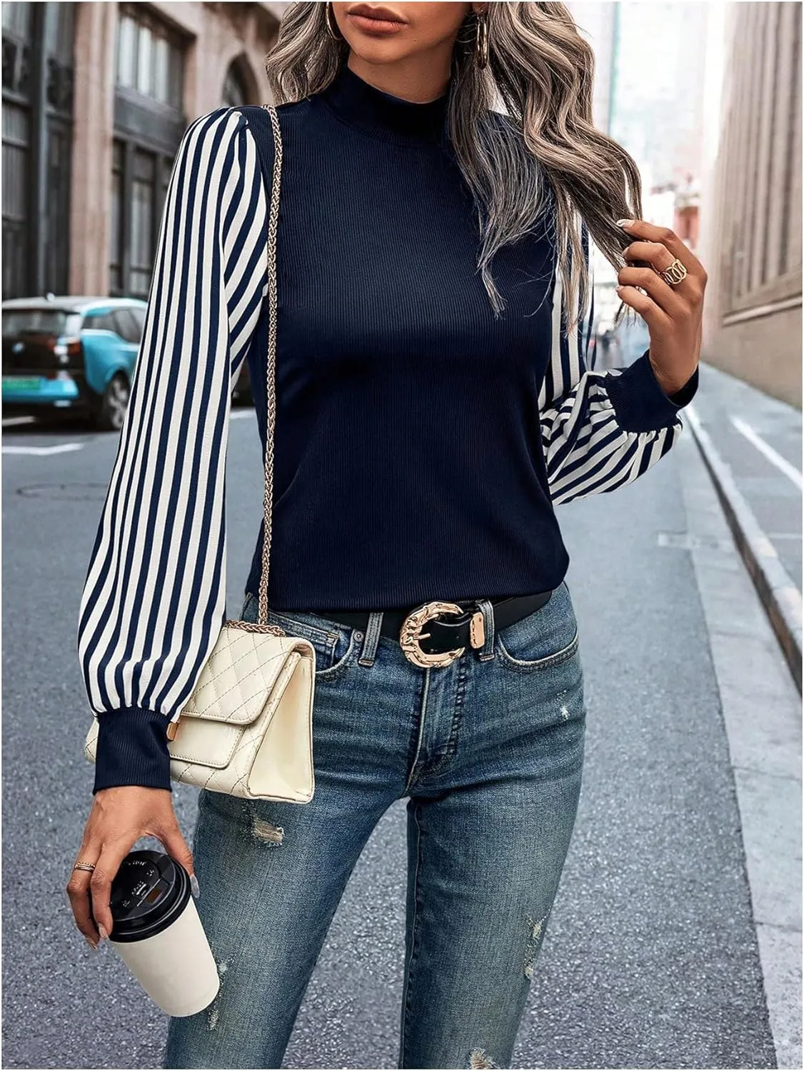 SOLY HUX Women's Striped Bishop Long Sleeve Mock Neck T Shirt Rib Knit Tee Top