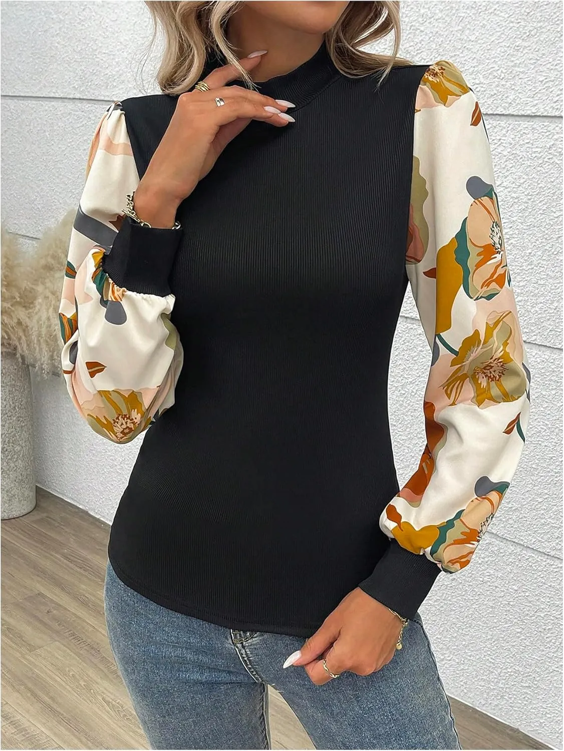 SOLY HUX Women's Striped Bishop Long Sleeve Mock Neck T Shirt Rib Knit Tee Top