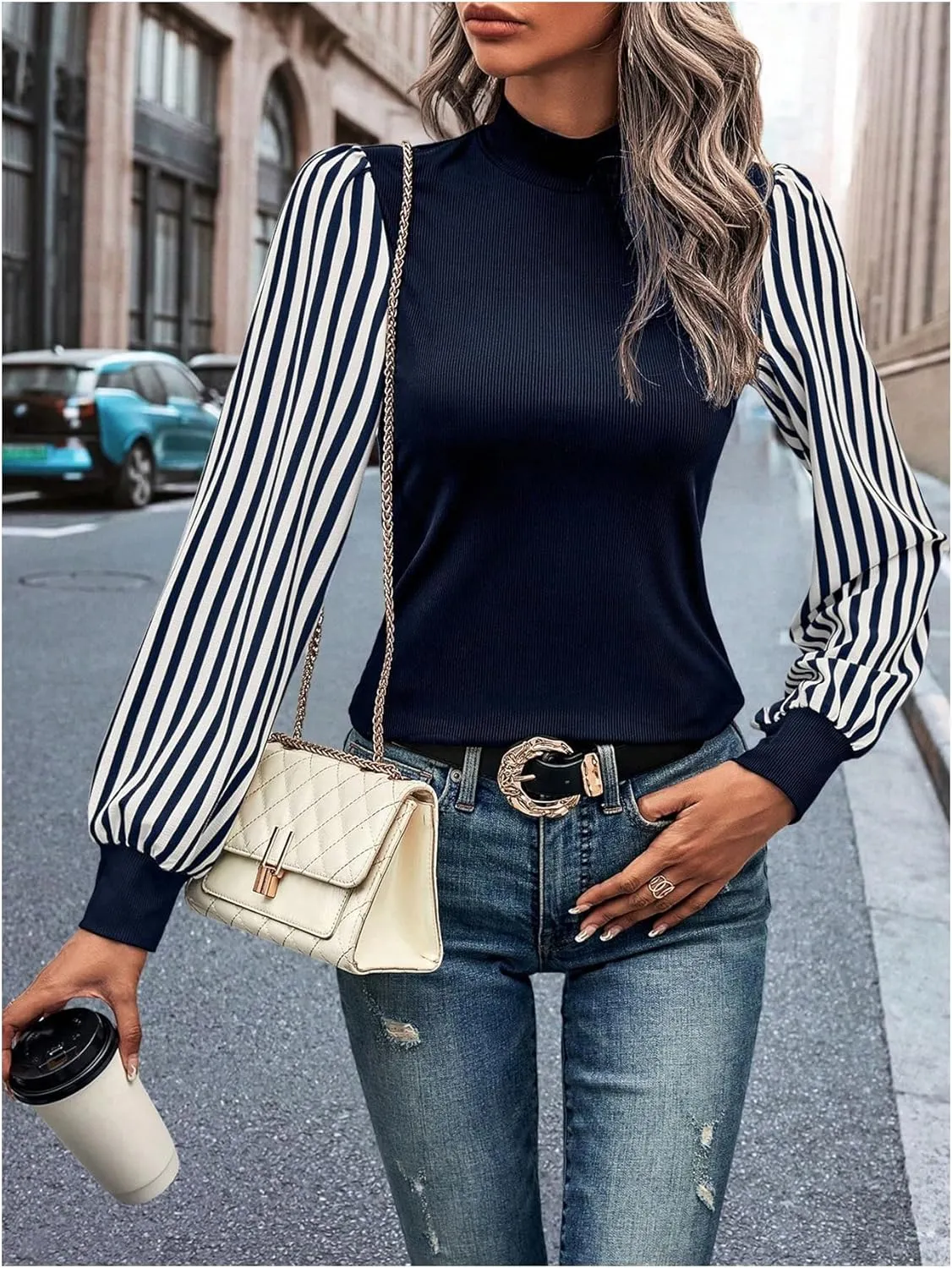 SOLY HUX Women's Striped Bishop Long Sleeve Mock Neck T Shirt Rib Knit Tee Top