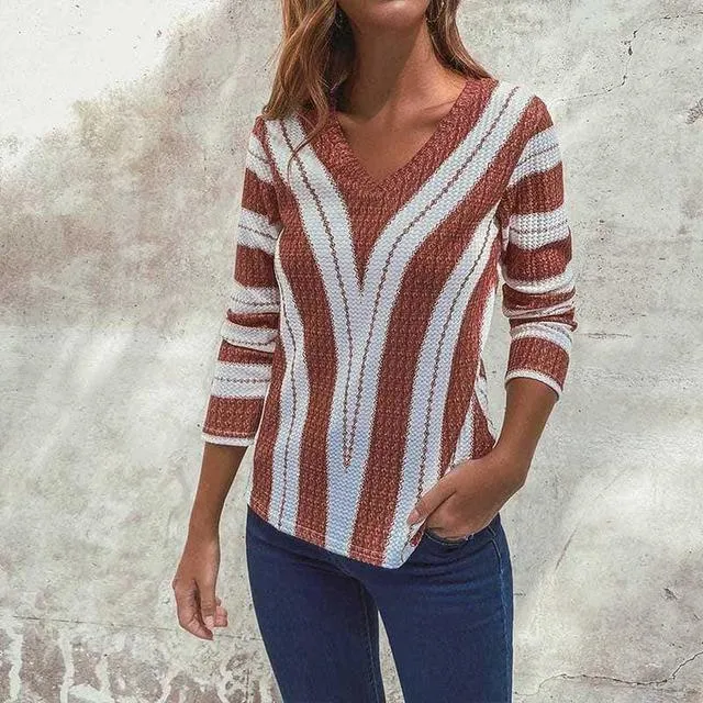 Striped Sexy V-Neck Casual Sweater