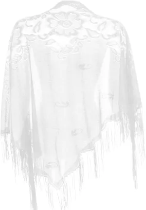 White Lace Shawls Wraps Triangle Scarf with Fringe, Mesh Fringe Shaw for Evening Dresses, Women Soft Lace Scarf with Tassels for Evening Party Dress, Mesh Floral Wedding Shawls