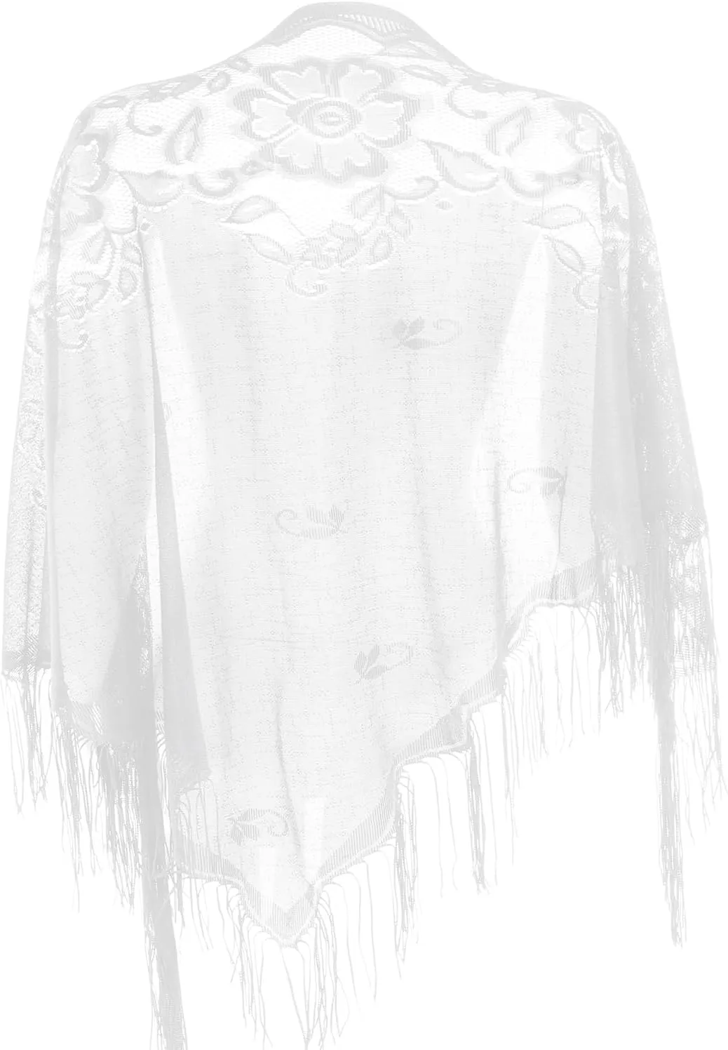 White Lace Shawls Wraps Triangle Scarf with Fringe, Mesh Fringe Shaw for Evening Dresses, Women Soft Lace Scarf with Tassels for Evening Party Dress, Mesh Floral Wedding Shawls