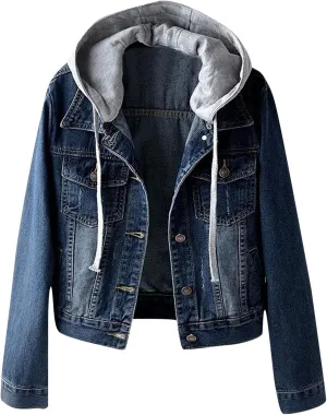 Women Denim Jacket With Hood,2021 Vintage Button Down Distressed Coat Short Jean Jacket Cute Coat With Pocket