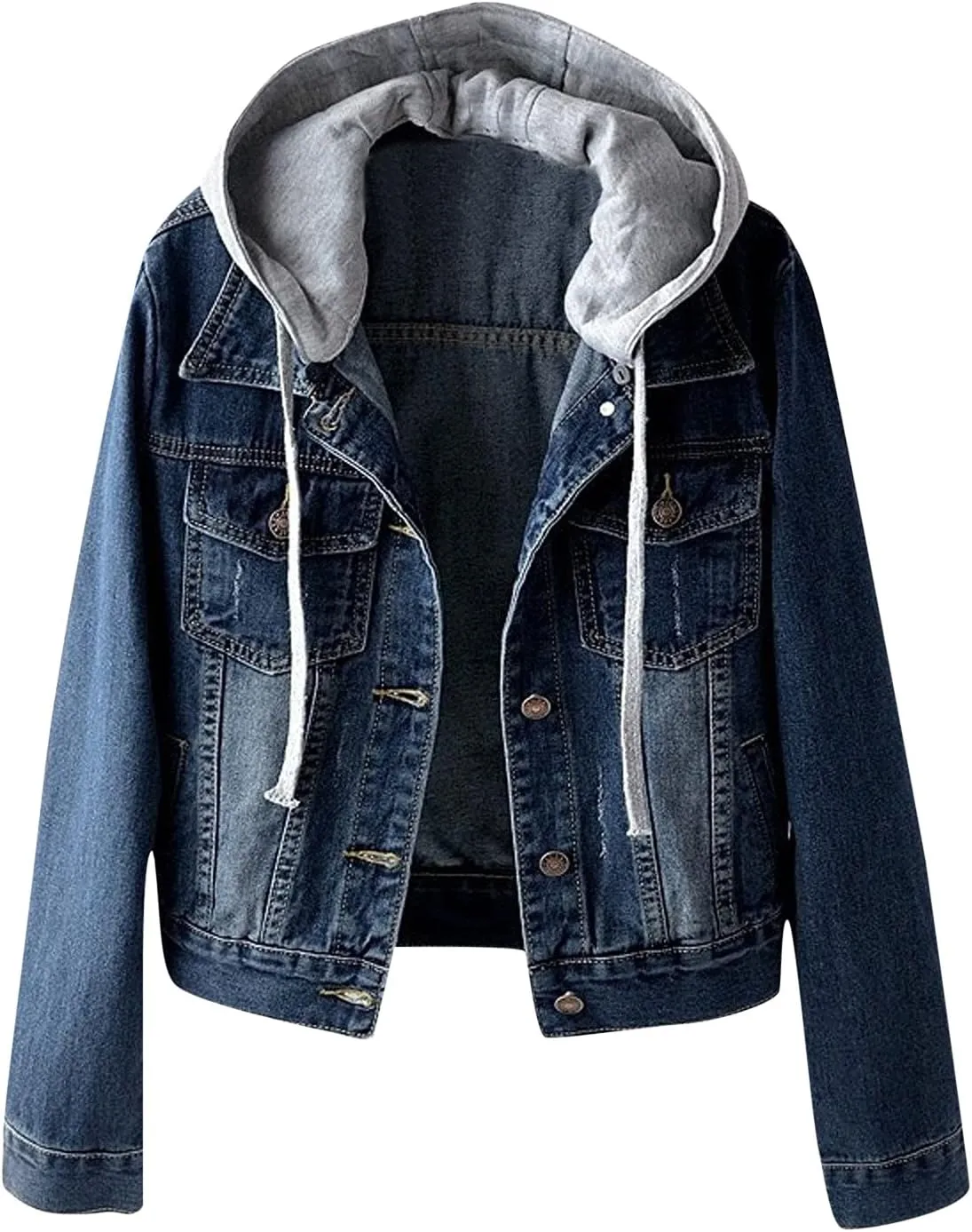 Women Denim Jacket With Hood,2021 Vintage Button Down Distressed Coat Short Jean Jacket Cute Coat With Pocket