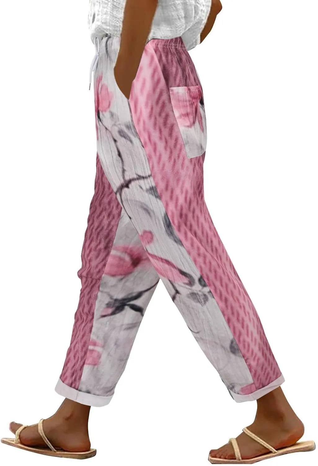 Women Linen Pants Waist Pants Drawstring Capri Pants with Pockets Wide Leg Cropped Elastic High Waist Comfy Loose