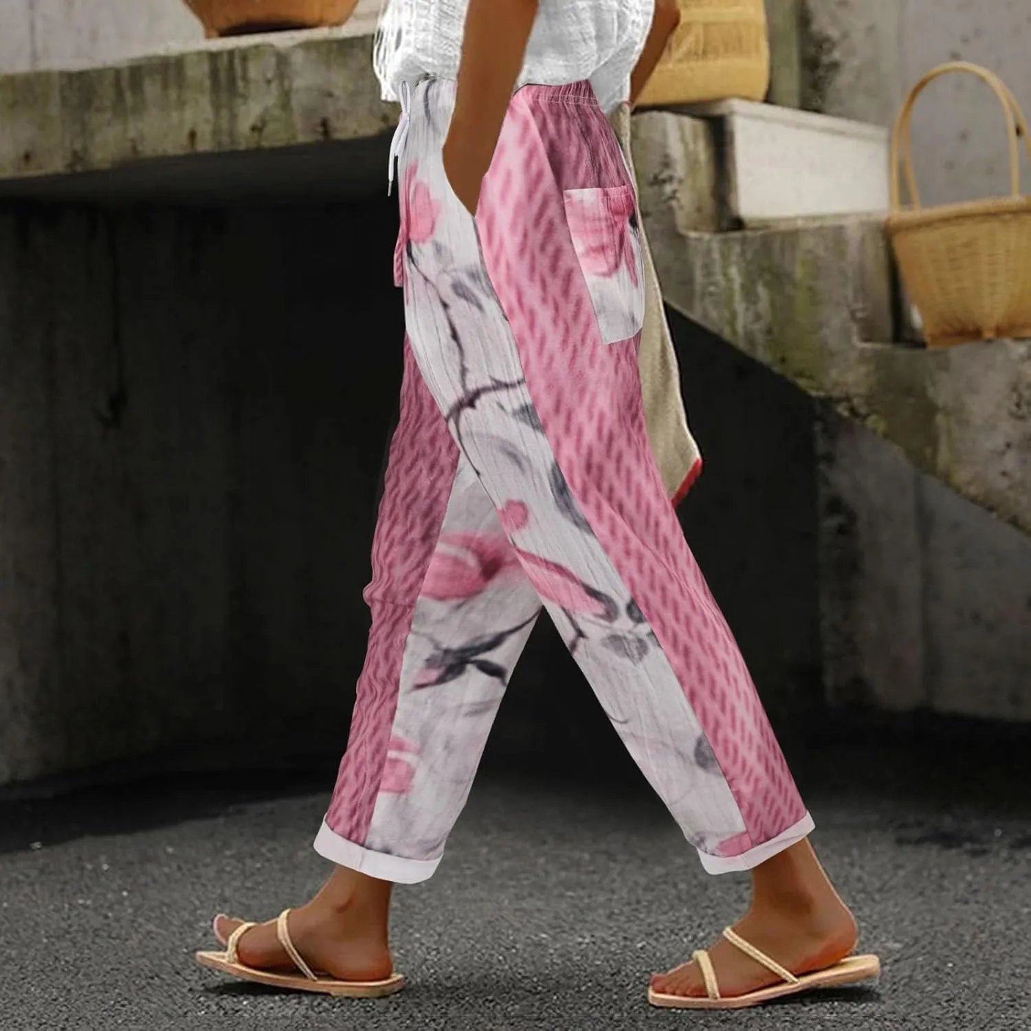 Women Linen Pants Waist Pants Drawstring Capri Pants with Pockets Wide Leg Cropped Elastic High Waist Comfy Loose