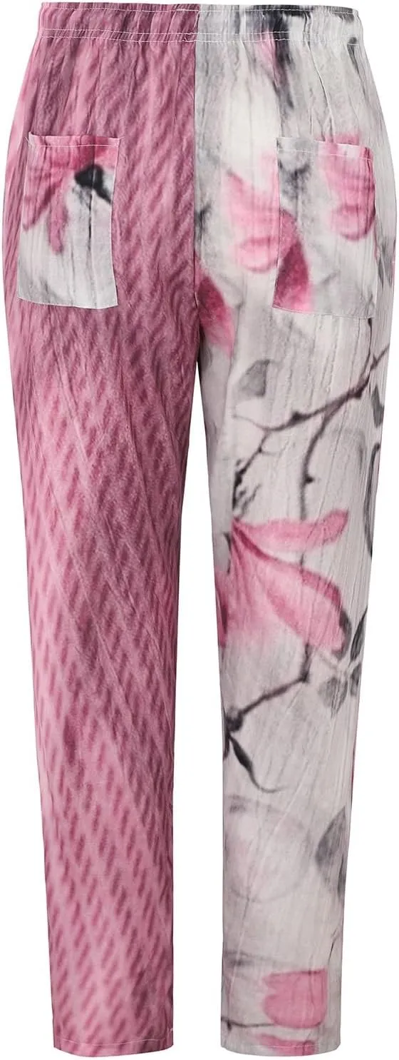 Women Linen Pants Waist Pants Drawstring Capri Pants with Pockets Wide Leg Cropped Elastic High Waist Comfy Loose