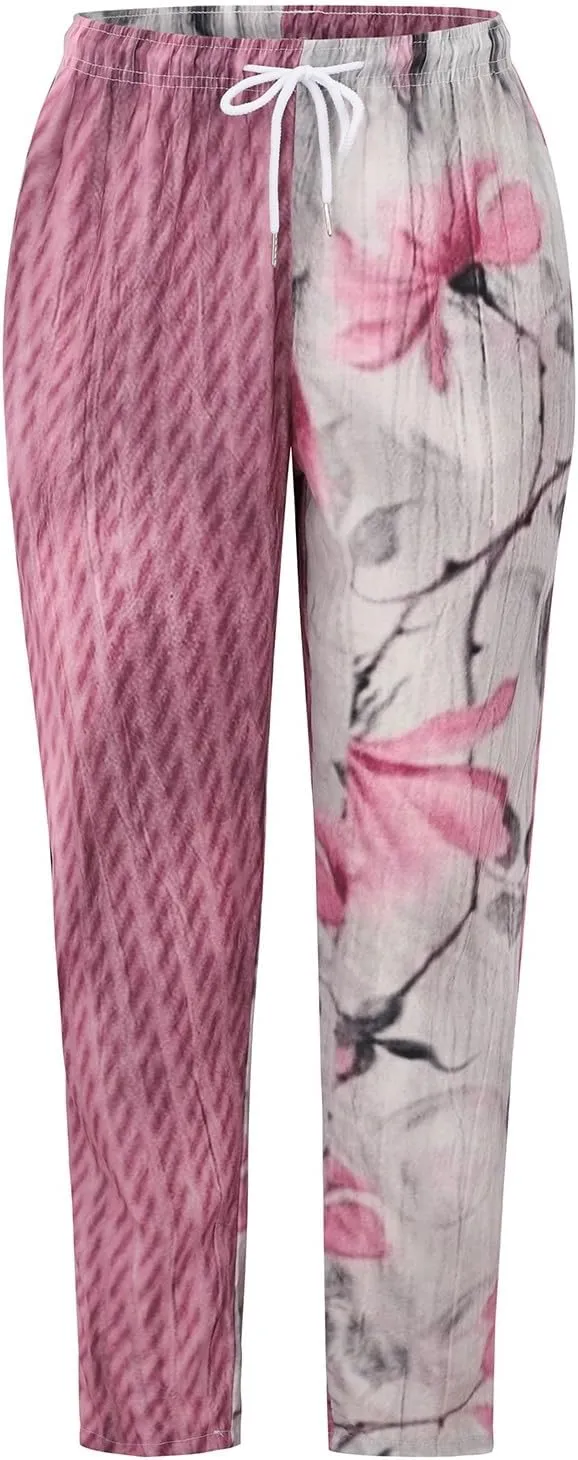 Women Linen Pants Waist Pants Drawstring Capri Pants with Pockets Wide Leg Cropped Elastic High Waist Comfy Loose