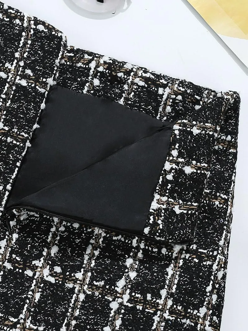 Women Tweed Mini Skirts Elegant Plaid Button A-line High Waist Bodycon Pencil Wrap Short Skirts