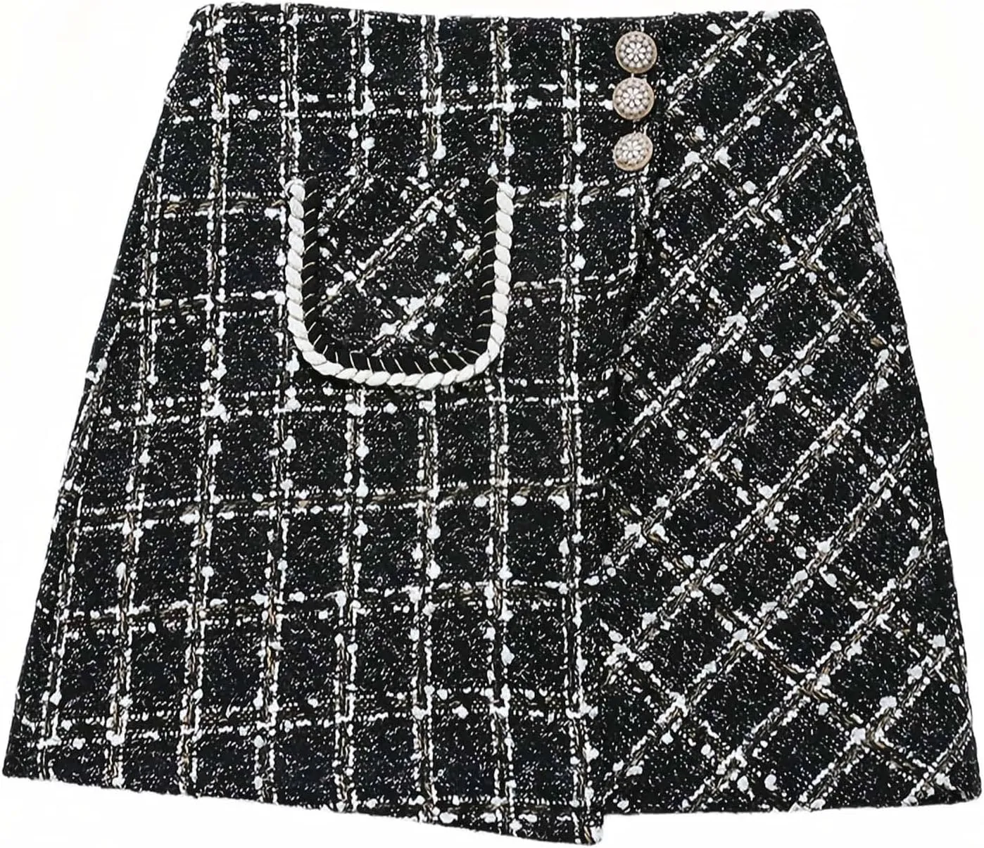Women Tweed Mini Skirts Elegant Plaid Button A-line High Waist Bodycon Pencil Wrap Short Skirts