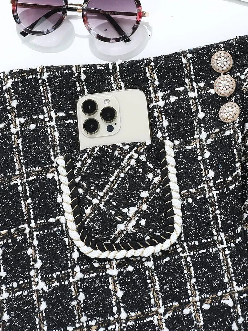 Women Tweed Mini Skirts Elegant Plaid Button A-line High Waist Bodycon Pencil Wrap Short Skirts