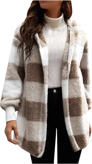 Womens Plaid Shacket Fleece Sherpa Lined Jackets Hooded Long Sleeve Fuzzy Button Down Cardigan Trendy Winter Coats