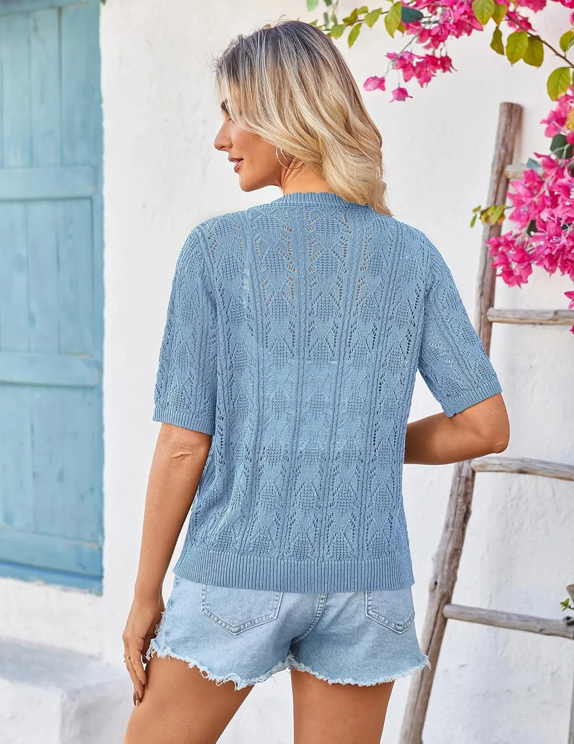 Yekaty Womens 2025 Short Sleeve Crochet Summer Cardigan Cropped Button Sweater Lightweight Shrug for Dress