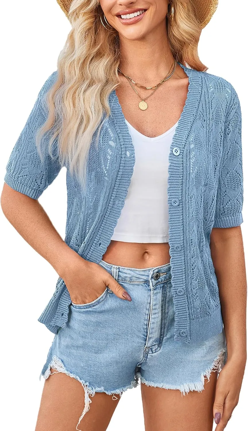 Yekaty Womens 2025 Short Sleeve Crochet Summer Cardigan Cropped Button Sweater Lightweight Shrug for Dress