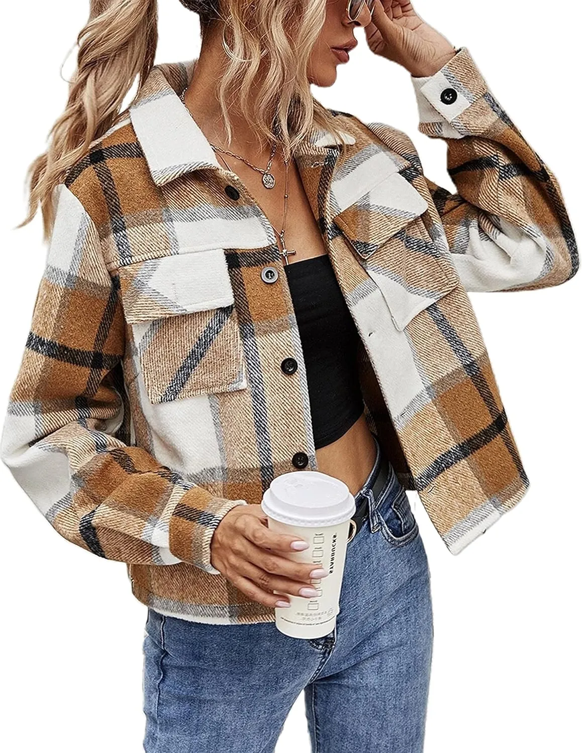 Yeokou Women's Fashion Cropped Flannel Shirt Plaid Shacket Long Sleeve Button Down Jackets Coat