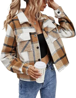 Yeokou Women's Fashion Cropped Flannel Shirt Plaid Shacket Long Sleeve Button Down Jackets Coat Yeokou Women's Fashion Cropped Flannel Shirt Plaid Shacket Long Sleeve Button Down Jackets Coat