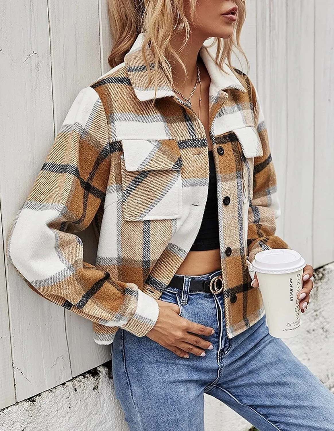 Yeokou Women's Fashion Cropped Flannel Shirt Plaid Shacket Long Sleeve Button Down Jackets Coat