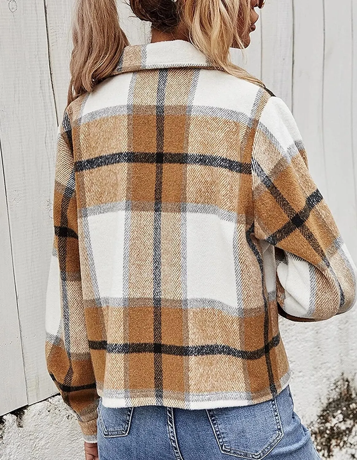 Yeokou Women's Fashion Cropped Flannel Shirt Plaid Shacket Long Sleeve Button Down Jackets Coat